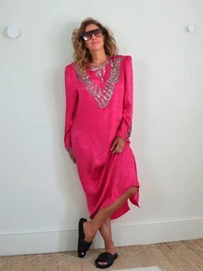 VINTAGE / 80's Hot Pink Pure Silk Silver Beaded Leaf Motif Cocktail Dress / L - Picture 1 of 8