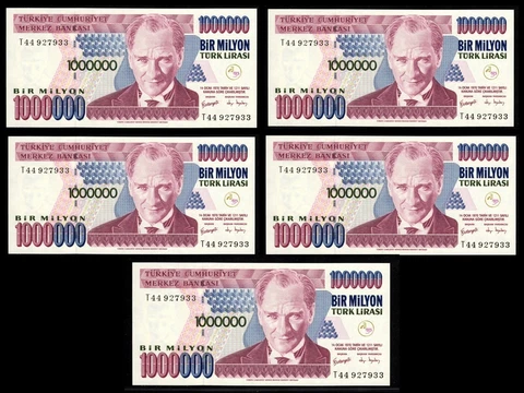 5 X TURKEY 1,000,000 Lira (5 MILLION Total) 1970-2002 UNC BANKNOTE Cover