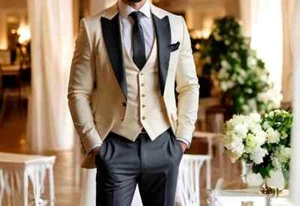 Tuxedo Men’s Beige 3 Piece Suit – Peak Lapel Formal Wear & Wedding Tailored Suit - Picture 1 of 4