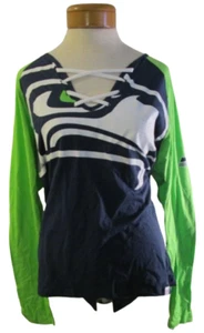 NWT Majestic Seattle Seahawks Womens L/S Lace-Up V-Neck T-Shirt XL Navy MSRP$45 - Picture 1 of 2