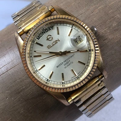 Elgin Men Fashion President Fluted Gold Expansion Band Quartz 36mm Watch 7 1/4" - Image 1 of 4