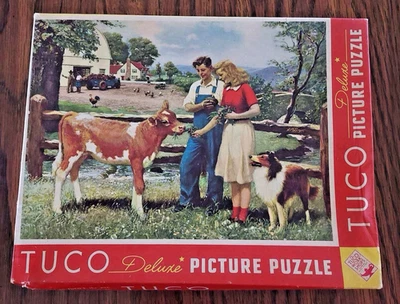 Lot of 2 Vintage TUCO and Guild Puzzles COMPLETE 300+ pc Boy Girl Calf Collie - Image 1 of 4