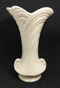 Vintage Shawnee Tall White Pottery Vase Flared Leaf Design Tab Handles - Picture 1 of 13
