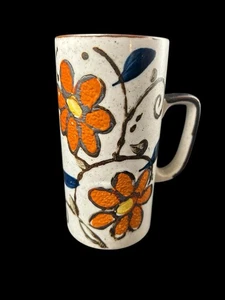 Tazza caffè vintage Otagiri alta in gres bordo marrone floreale arancione blu - Foto 1 di 9