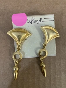 By Hugo Earrings Vintage Pierced Gold Drop Matte Finish Triangular - Picture 1 of 5