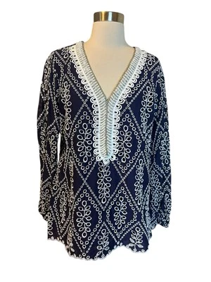 BOSTON PROPER 上衣 L 码海军蓝白色孔眼串珠装饰束腰外衣 — 第 1/4 张图片