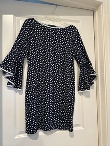 Tiana B Navy White Polka Dot Bell Sleeve Petite Size 12 Dress - Picture 1 of 4
