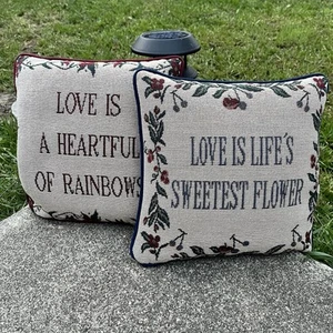 VTG Floral Red & Blue Tapestry Decorative Set of Two Throw Pillows 11” Love Is … - Picture 1 of 6