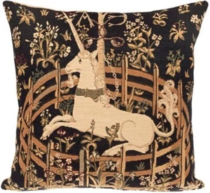 EINHORN IN GEFANGENSCHAFT BELGISCHER GOBELIN KISSENBEZUG 19" x 19" BLAU MIT REISSVERSCHLUSS, 185 - Bild 1 von 4