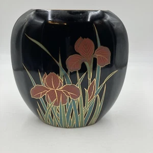 Vintage Black Floral Vase Otagiri Japan Florals Oval - Picture 1 of 9