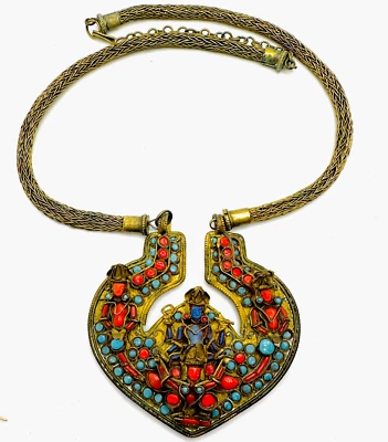 Antique Nepal Tibetan Brass Vishnu Prayer Necklace Coral Turquoise Glass EUC 24" - Image 1 of 4