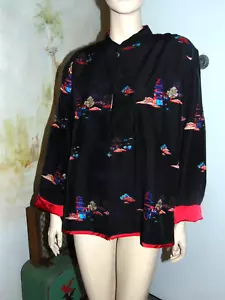 Chico's Design Black w/ Contrasting Red Asian Embroidery Silk XL Size 3 Blouse - Picture 1 of 13