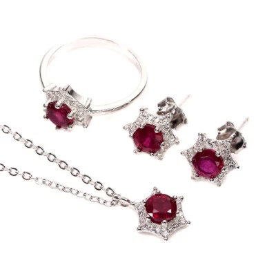 Conjuntos de plata de ley 925 collar pendientes anillo redondo rubí 5 mm piedras preciosas joyería Foto 1 de 4