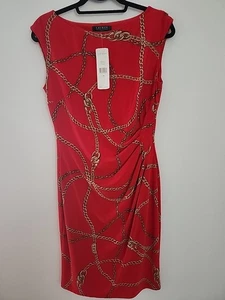 Ralph Lauren Reitsport rot geraffte Kette ärmellos Etuikleid, Gr. 8 Neu mit Etikett - Bild 1 von 6