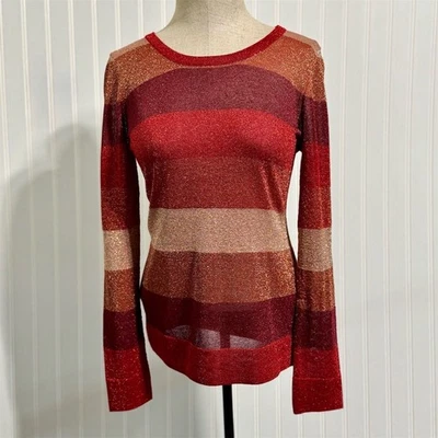 Antonio Melani Sweater Medium Red Gold Metallic Striped Crew Neck Holiday Party - Image 1 of 4