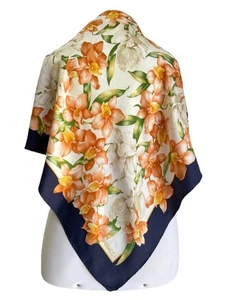 Vintage Gucci Floral Silk Scarf Orange White Navy Border Italy#A12 - Picture 1 of 7