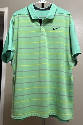 Nike Dri-Fit TW Collection Men’s Polo Lt Green W/Yellow & Purple Stripes XL - Image 1 of 4