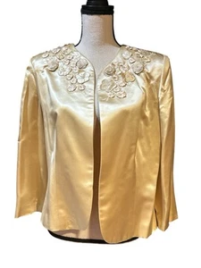 Talbots Cream Pure Silk Open Front Embellished Jacket Women Sz 14 Formal - Picture 1 of 7