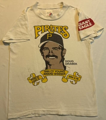 Vntg 90s Pittsburgh Pirates Cy Young Doug Drabek Kids Youth L Baseball TShirt - Image 1 of 4