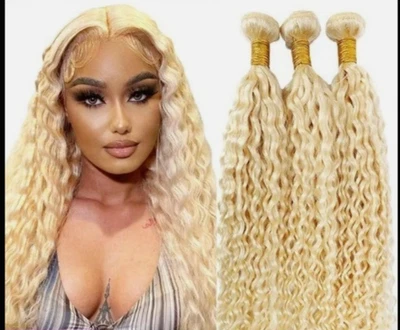 613 Блондинка глубокая волна кудрявые человеческие волосы пучки Virgin Remy волосы плетение расширения - Изображение 1 из 4