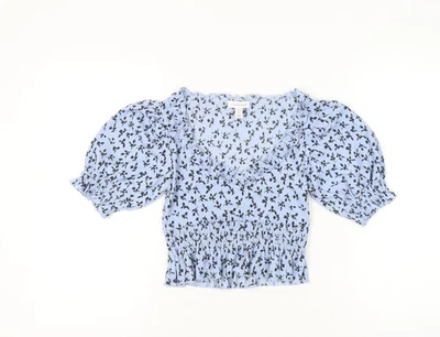 Topshop Petite Womens Blue Floral Puff Sleeve Cropped Blouse UK 10 - Image 1 of 4