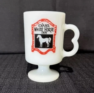 Vintage Evans White Horse Inn Pedestal Mug Northridge, Ca Milk Glass Coffee RARE - Picture 1 of 8