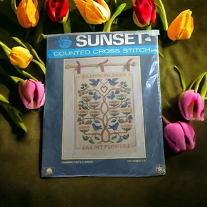Vintage 1986 Sonnenuntergang Kreuzstich Kit ""Großmutter Blumen"" 9x12 Genealogie - Bild 1 von 2