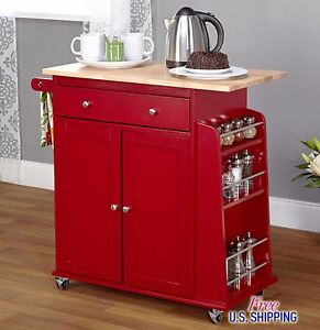 Red Kitchen Cart Island Rolling Storage Utility Cabinet Wood Portable Spice Rack