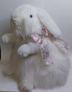 12" White Fluffy Bunny Rabbit Foral Pink Bow Sitting Upright Easter - Picture 1 of 6