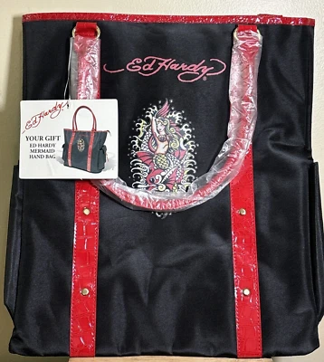 Ed Hardy Mermaid Large 15x14 Tote Bag Purse Handbag Black Nylon Red New - Image 1 of 4