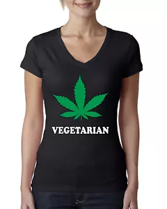 Vegetarisches Unkraut Raucher Topf Marihuana 420 Damen Junior V-Ausschnitt T-Shirt - Bild 1 von 10