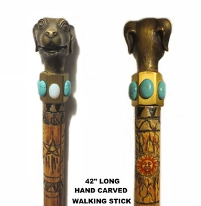 ANTIQUE! BRONZE DOG w OPAL & TURQUOISE. WALKING STICK CARVED PETROGLYPHS, SIGNED - Picture 1 of 12