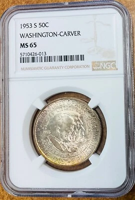 1953-S Washington Carver Commemorative Half Dollar NGC MS65  pretty Toning. - Image 1 of 4