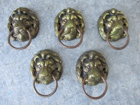 Vintage Brass Set 5 Drawer Pull Cabinet Lion Handle Knob Old Furniture Hardware Cover