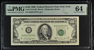 Hundred 100 $ Dollar Bill Small head $100 PMG 64 Uncirculated UNC  1990 - Image 1 of 2