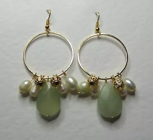 PENDIENTES LARGOS DE ARO COLGANTE DE ÁGATA VERDE Y PERLAS FWP ENCHAPADOS EN ORO gancho - Imagen 1 de 5
