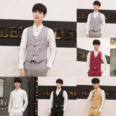 MenS Slim-Formal Vest/V-Neck Business Work Waistcoat Sleeveless Double-Breasted - Image 1 of 4