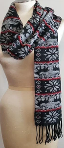 Woven Scarf Black Gray Red Fairisle Reindeer Fringe Acrylic Reversible 11x66" - Picture 1 of 10