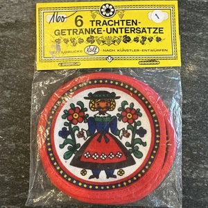 Kolf Austrian Folklore Vintage Textile Print Coasters / Boy & Girl Set of 6 - Picture 1 of 5