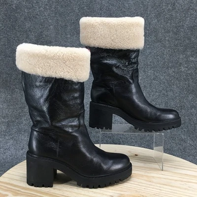 Marc Fisher Boots Womens 10M Willoe Black Leather Shearling Mid Chunky Heels - Image 1 of 4
