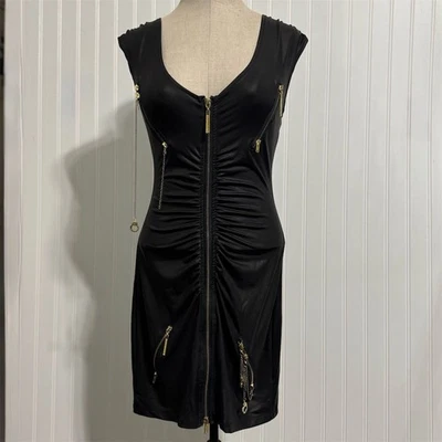 VTG Rocawear M Black Bodycon Dress Gold Zippers Chains Y2K Streetwear Glam - Image 1 of 4