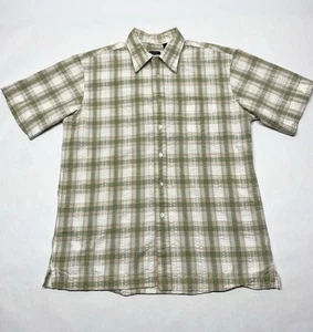 Green Tan Earthy Neutral Plaid Seersucker Button Up Shirt Mens M Boho Casual  - Picture 1 of 19