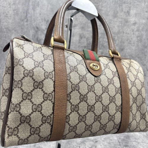Borsa GUCCI GG Sherry Line Boston pelle a mano PVC marrone beige logo oro ferramenta