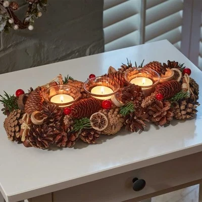 Christmas Candle Holder Decoration Tea Light Glass Votive Pinecones Xmas Home - Image 1 of 4