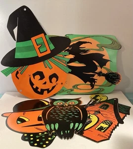 5 decoraciones vintage de Halloween bruja, gato negro, casa embrujada, linterna Jack O’ - Imagen 1 de 13