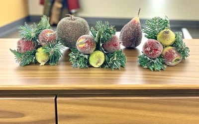 5 Sugar Beaded Fruits And Greenery Sticks Pears Apples Winters Frosted Beaded - Image 1 of 4