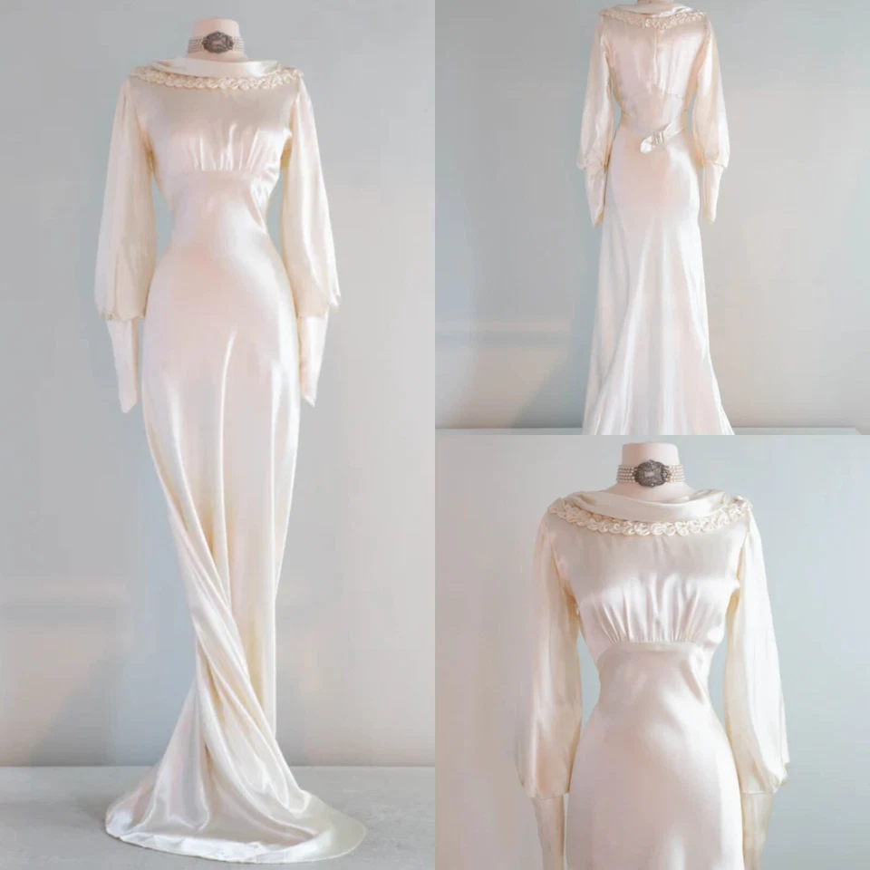 Vintage Wedding Dresses Ivory Satin 1960s Retro Long Sleeves Train Bridal Gowns - Image 1 of 4