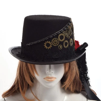 New Retro Steampunk Lace Decoration Black Bow Ribbon Top Hat Party Dress Hat - Image 1 of 4