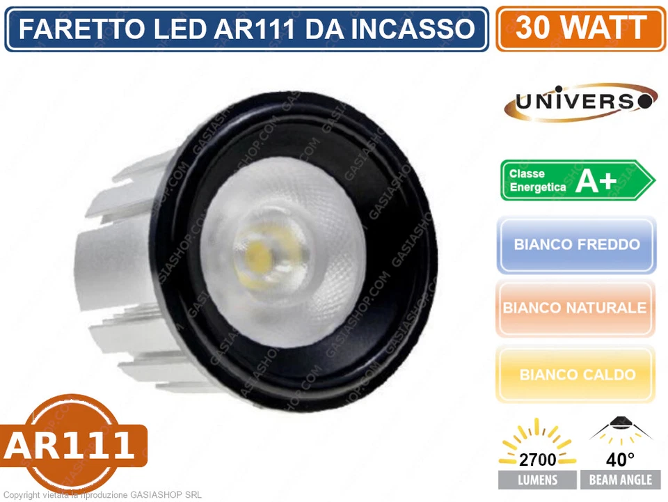LAMPADINA FARETTO LED INCASSO AR111 30W CON RIFLETTORE 40° 2700 LUMEN NERO - Immagine 1 di 1