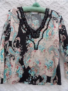 Alberto Makali Blouse Misses L Ivory Black Blue Coral Crinkle Poly Embellished - Picture 1 of 6
